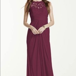 Sleeveless Long Mesh Dress with Corded Lace - Wine